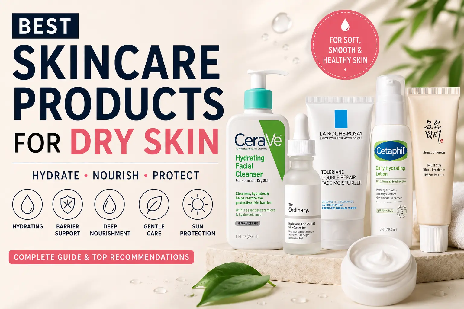 Best skincare products for dry skin featuring hydrating cleanser, serum, moisturizer, lotion, and sunscreen for barrier support and daily hydration.