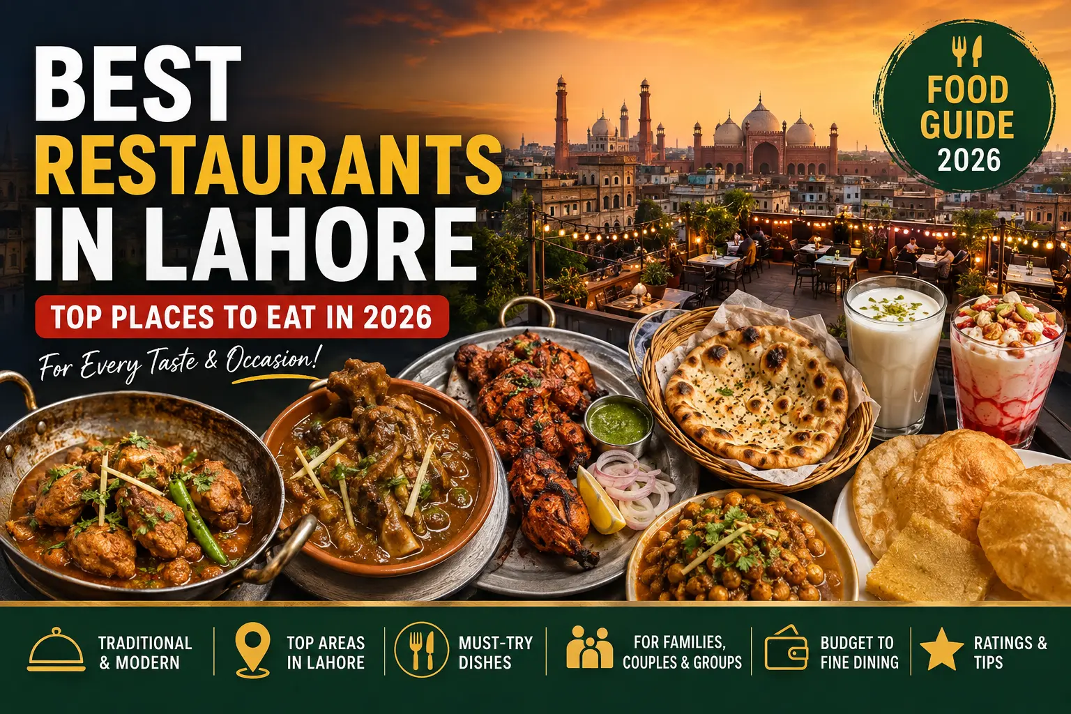 Best restaurants in Lahore featuring traditional Pakistani dishes, rooftop dining, naan, karahi, BBQ, lassi, and famous Lahori food.