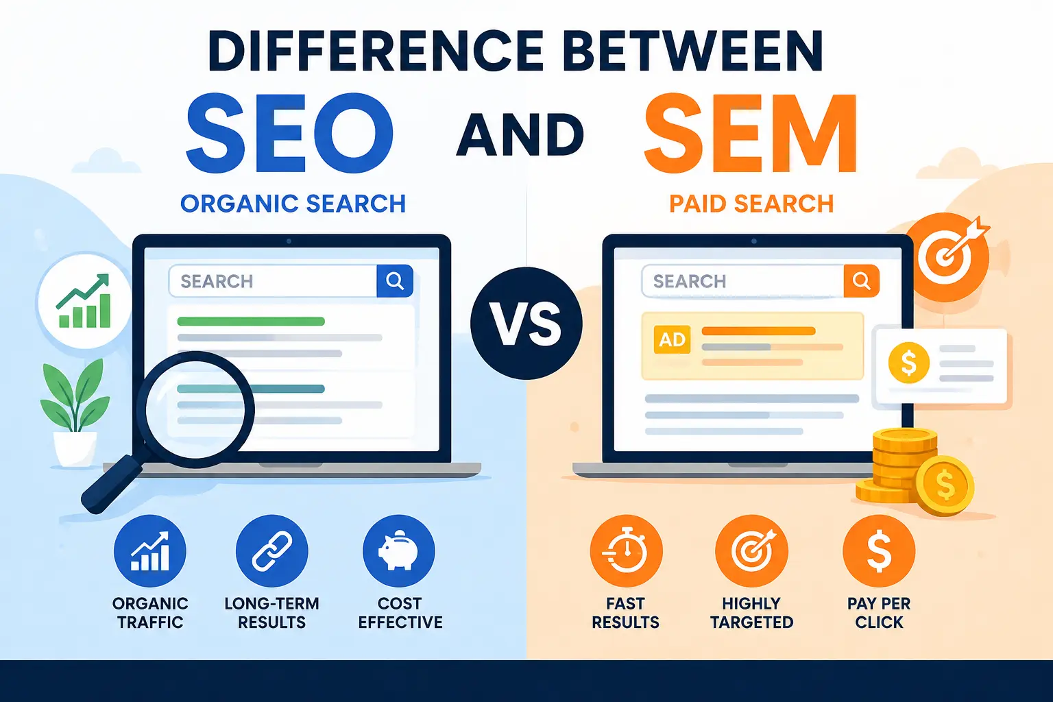 Difference Between SEO and SEM infographic comparing organic search traffic, long-term SEO results, and paid search advertising.